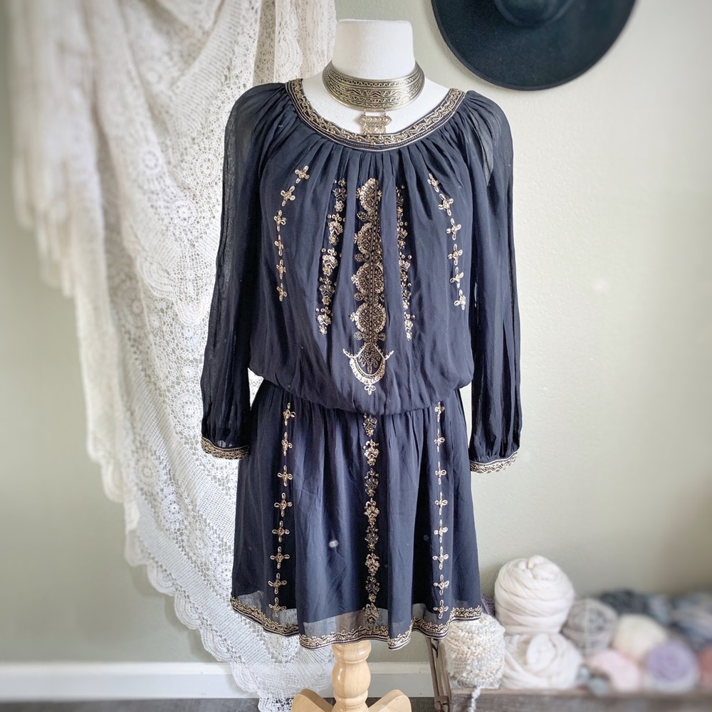 JOIE | Black Gold Beaded Long Sleeve Mini Dress